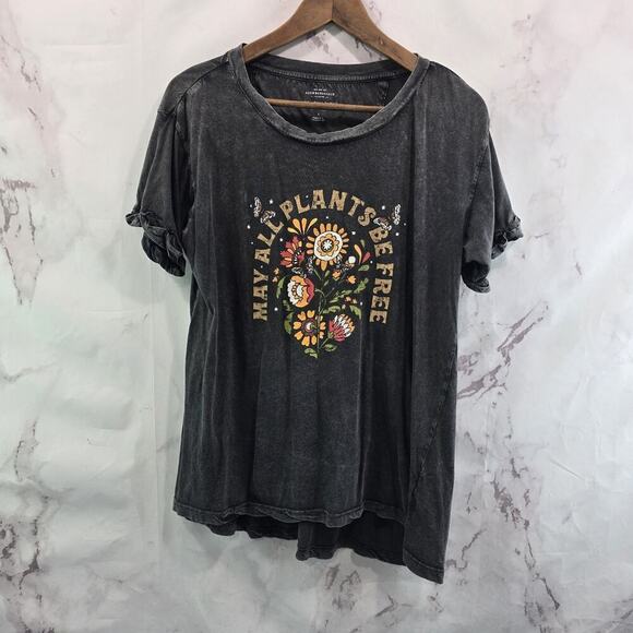 Anthropologie T Shirt Womens Small Gray Burn Out May All Plants Be Free Cuffed - Picture 1 of 9